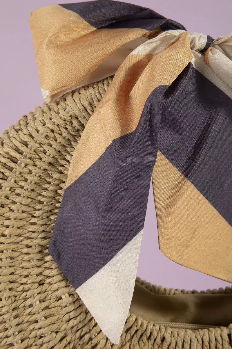 Round Woven Straw Bag With Bow Scarf Accent