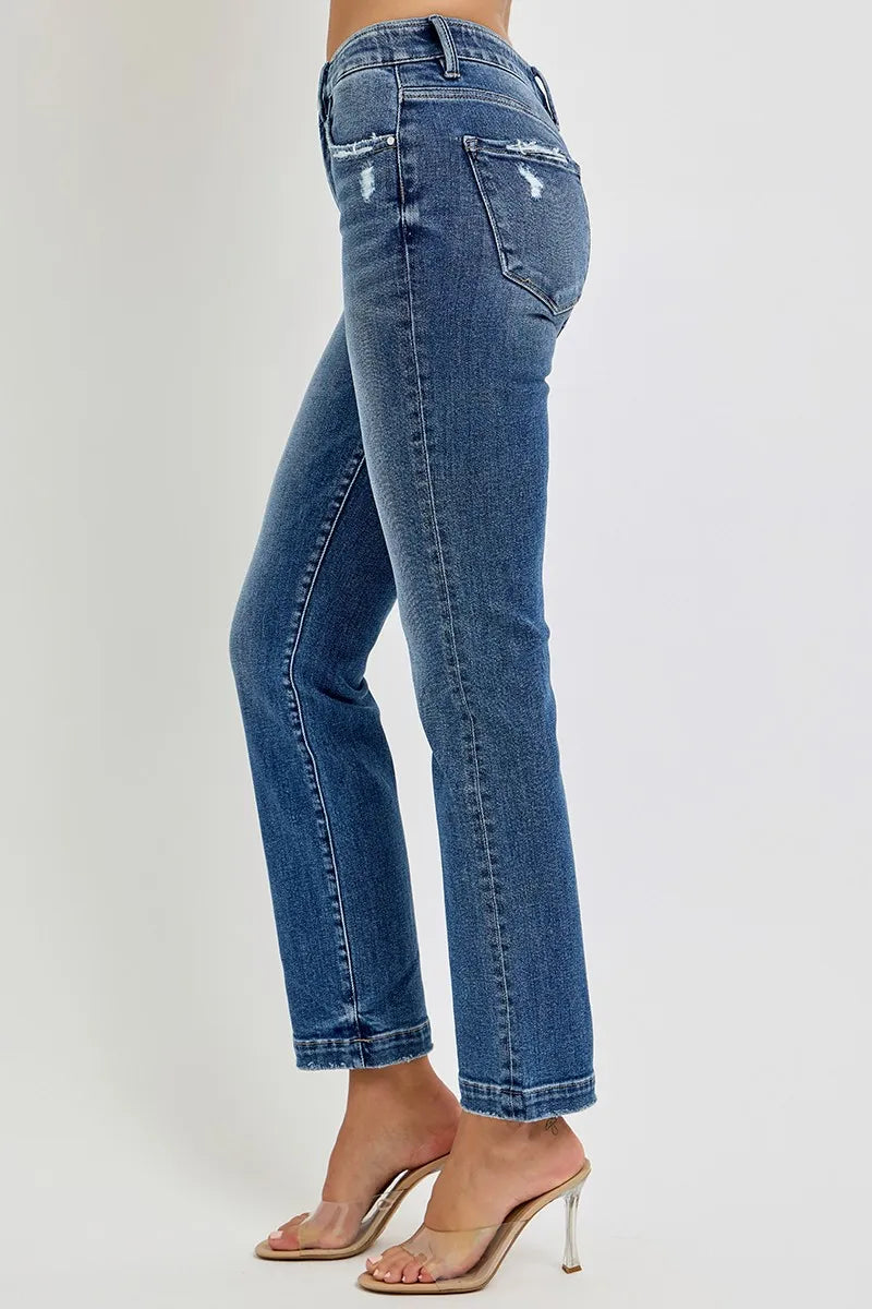 Tummy Control Mid-Rise Straight Jeans with Elastic Waistband