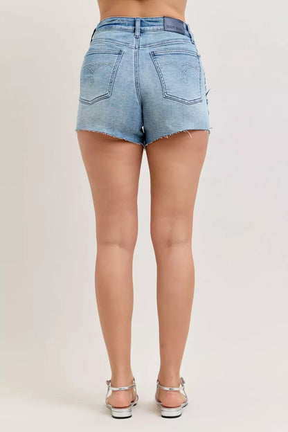 Judy Blue Hw Rigid Magic Cut Off Denim Shorts with Raw Side Seams - Detail View 4