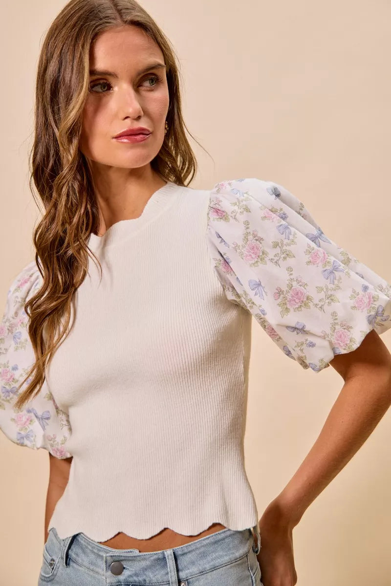 Floral Sleeve Scallop Sweater Top