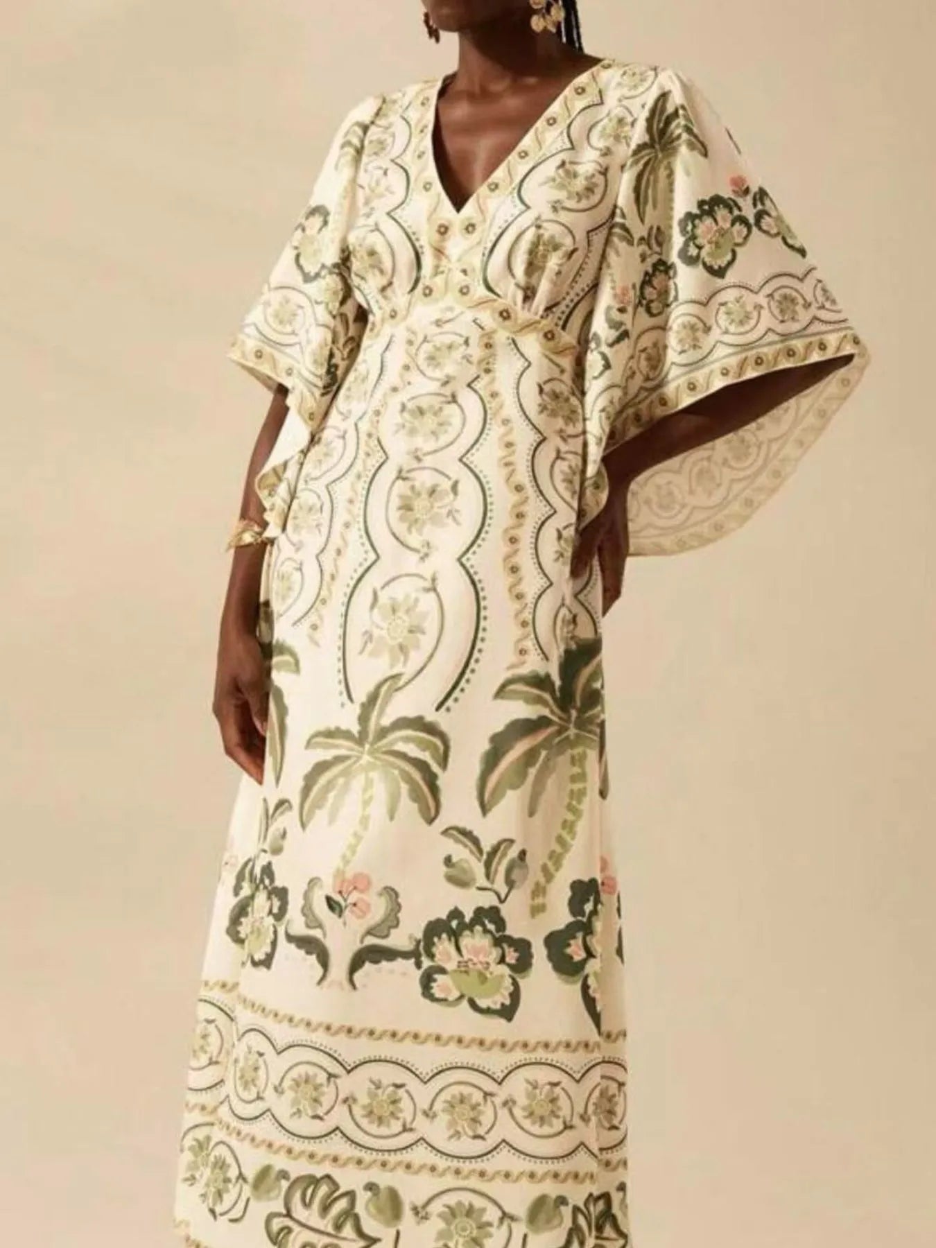 Silky Kimono Printed V-Neck Midi Dress
