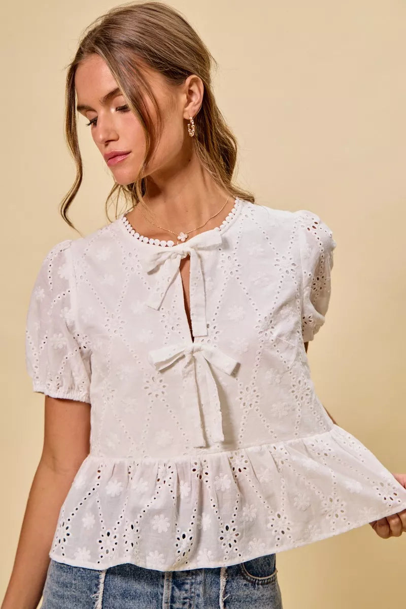 Eyelet Front Tie Blouse