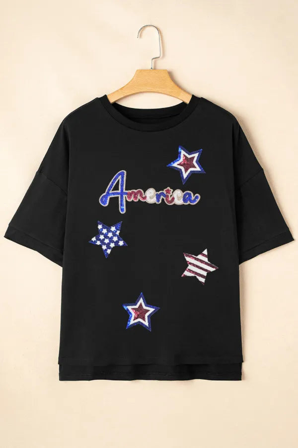 Sequined America Star | Round Neck T Shirt - Side View