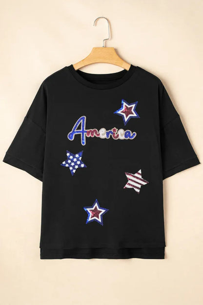 Sequined America Star | Round Neck T Shirt - Side View