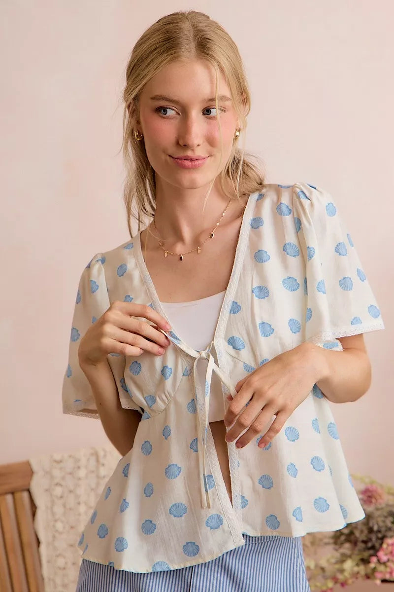 Shell Print Tie-Front Blouse