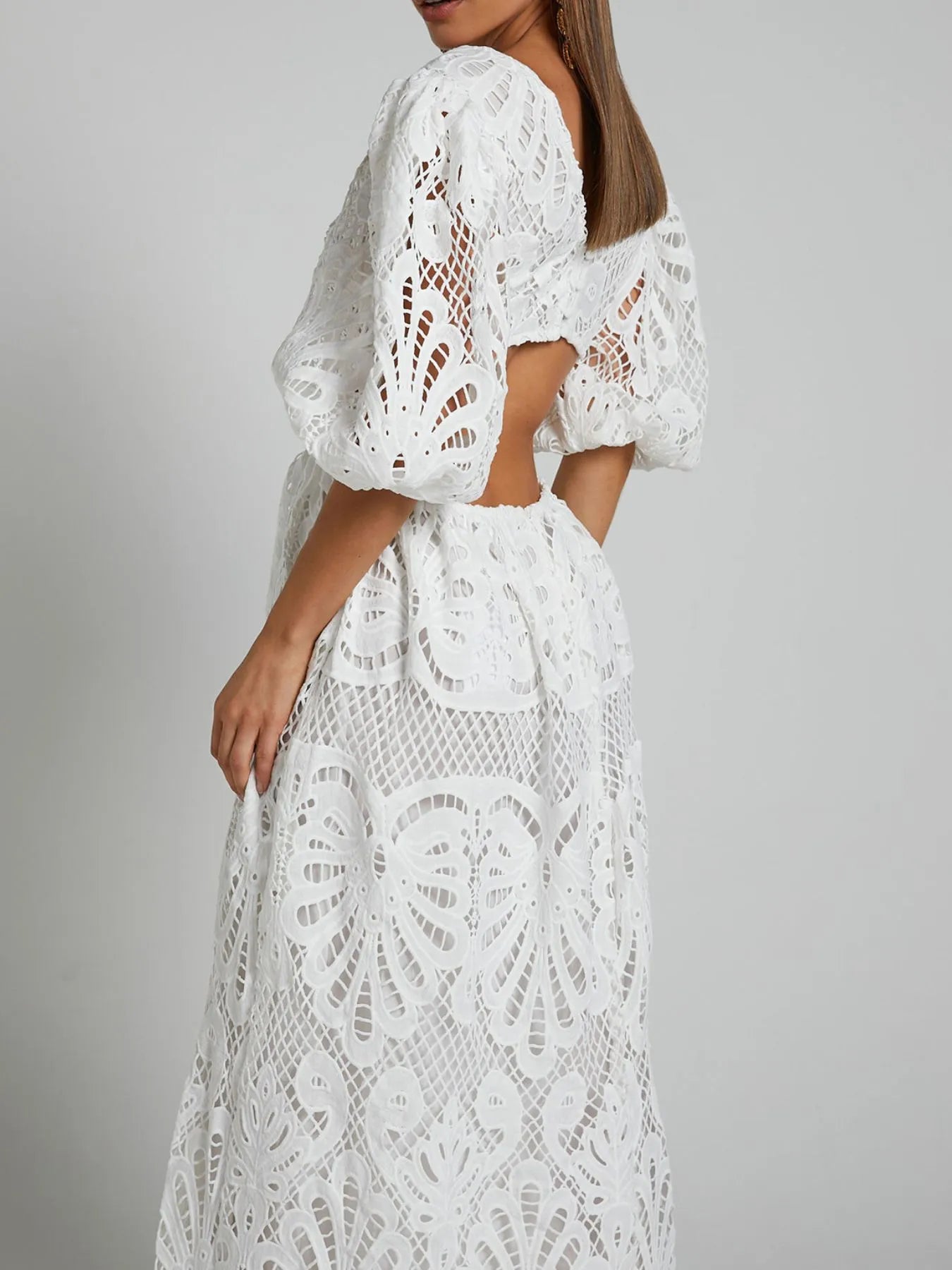 Cutout Back Lace Crochet V-Neck Dress - Detail View 14