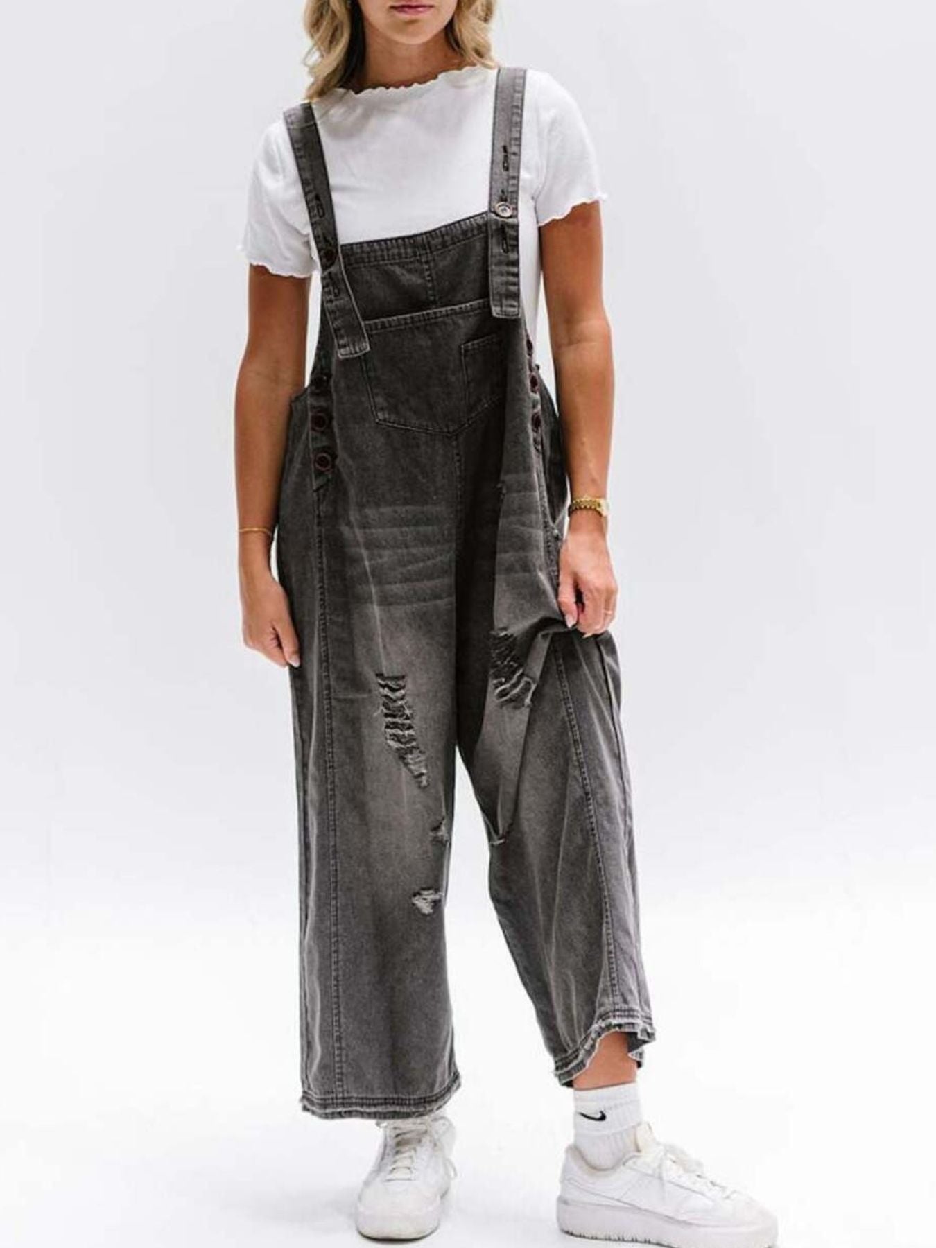 Distressed Wide Leg Denim Overalls - Detail View 6