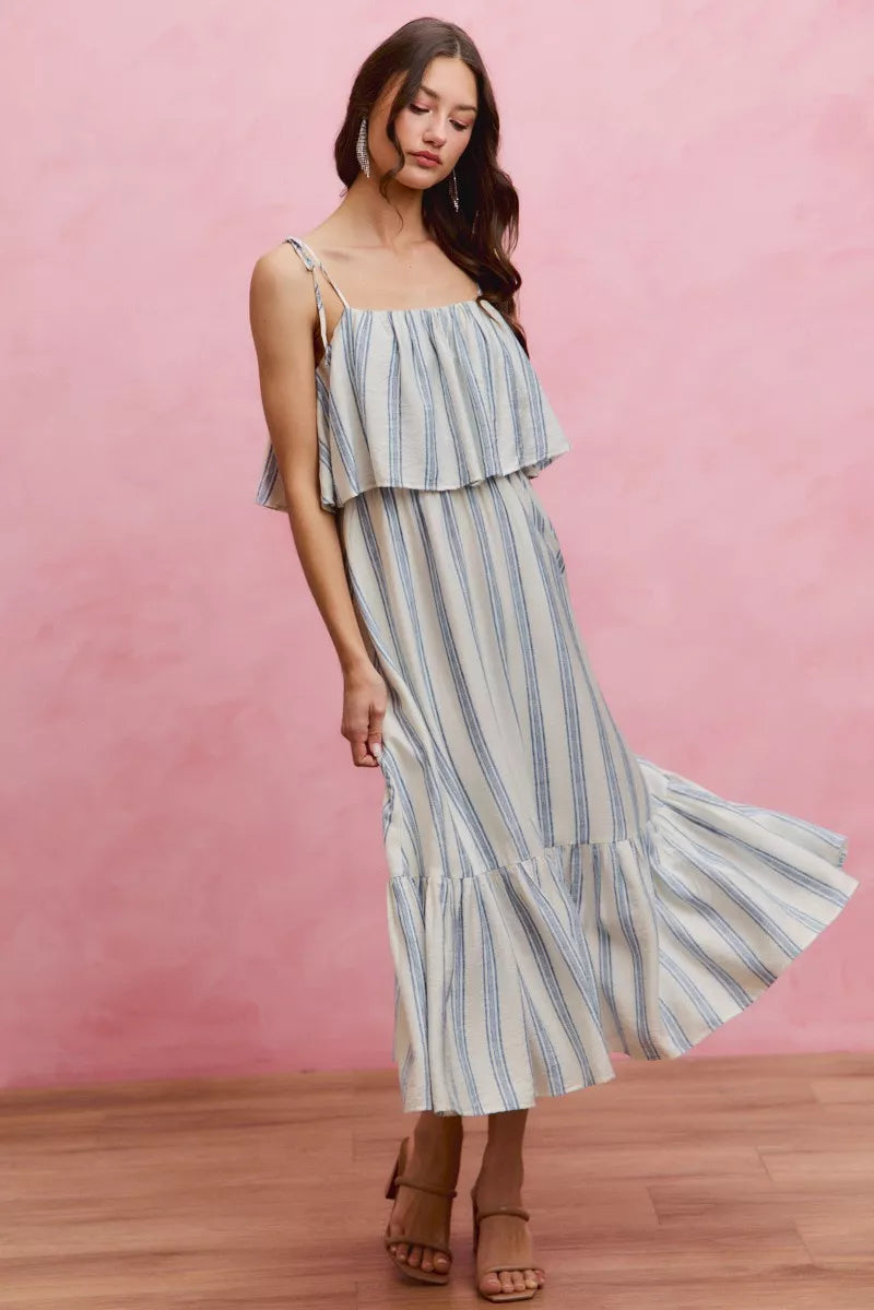 Stripe Shoulder Tie Midi Dress