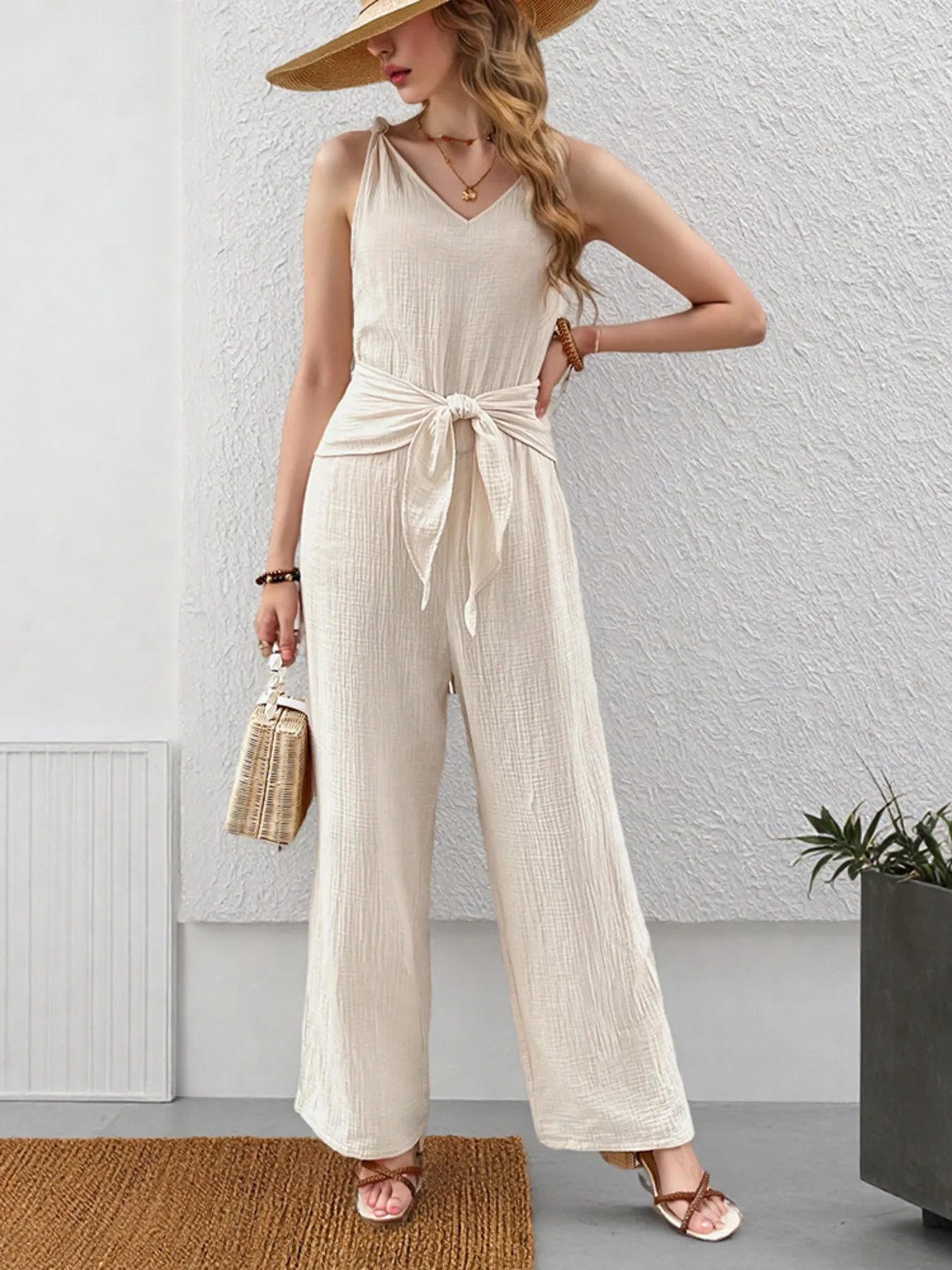 Tied Waist Wide Leg Jumpsuit