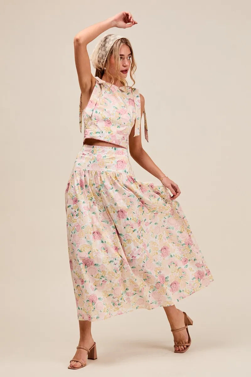 Floral Printed Shoulder Tie Top and Skirt Set