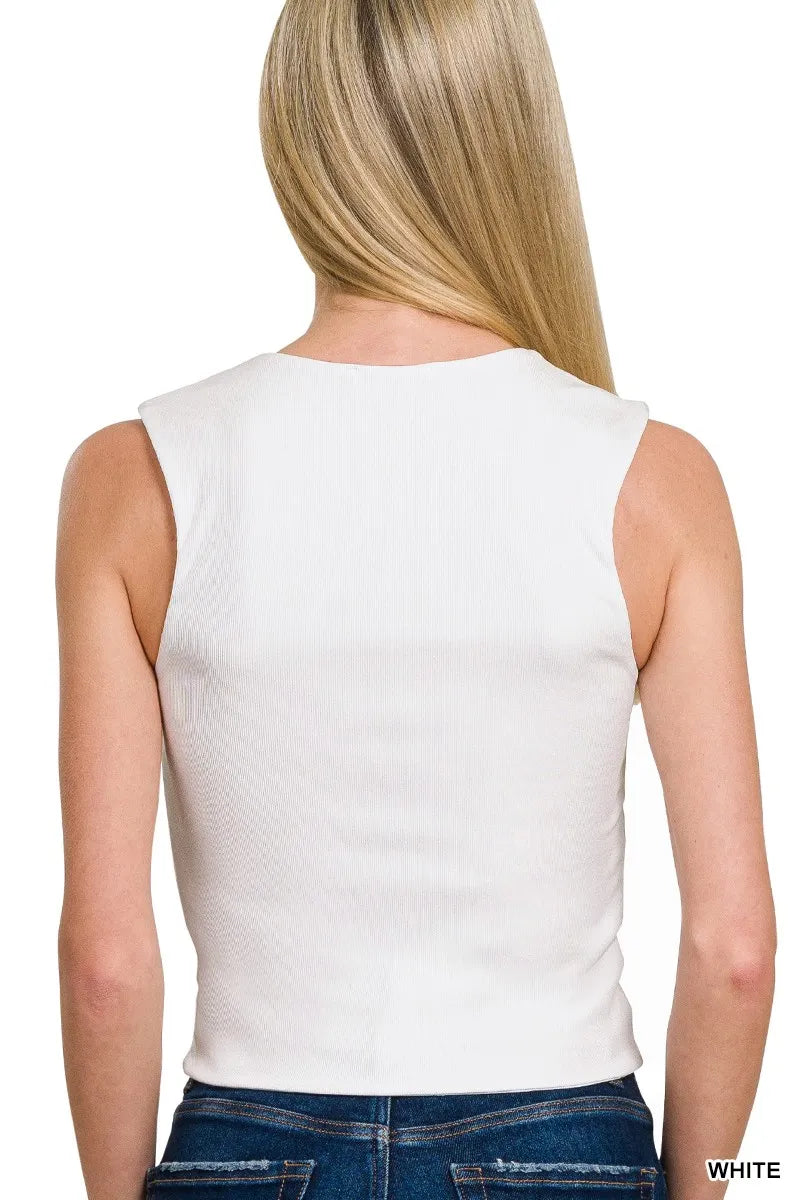 Ribbed Seamless Double Layered Square Neck Tank - White - Back View