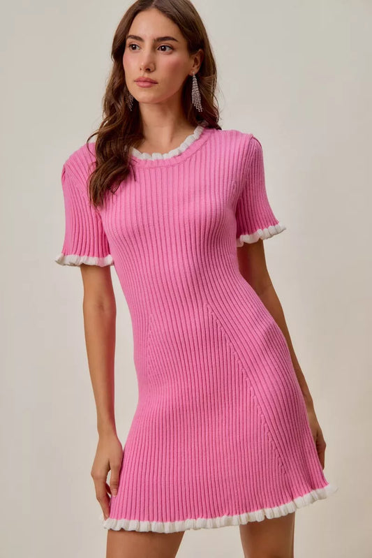 SO ME Contrast Ruffled Sweater Knit Mini Dress - Front View