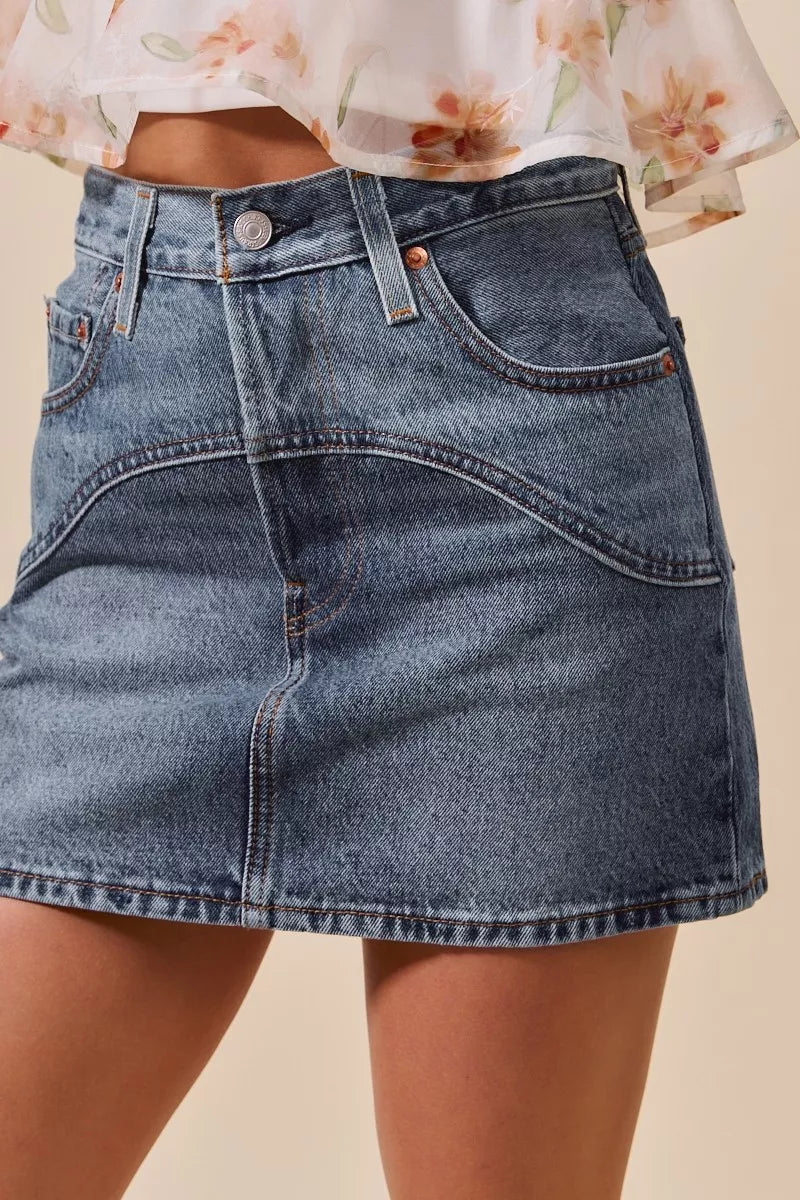 Washed Denim Mini Skirt with Pockets