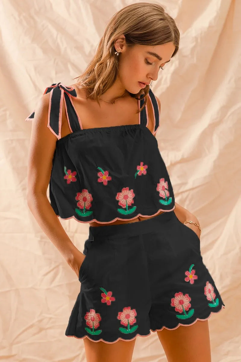 Flower Embroidered Tank Top and Shorts Set