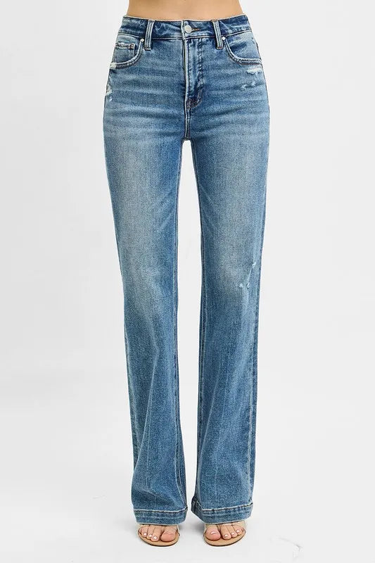 RISEN Full Size Distressed Detail Bootcut Jeans Plus Size - Side View