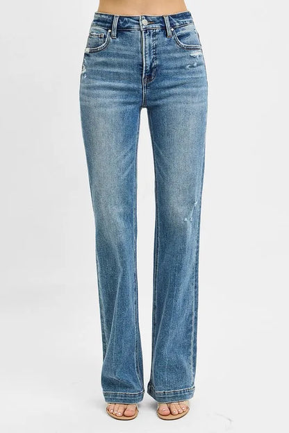 RISEN Full Size Distressed Detail Bootcut Jeans Plus Size - Side View