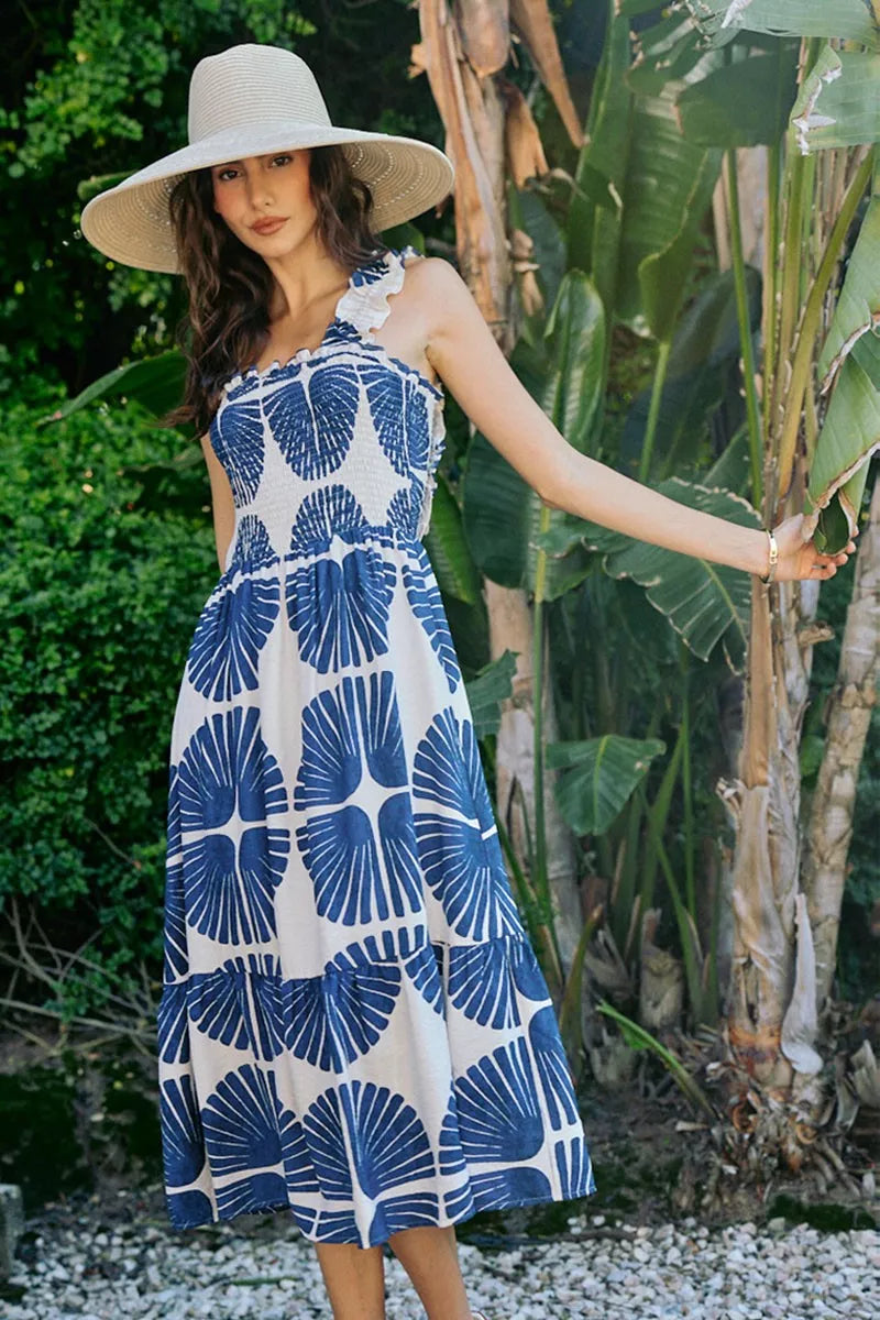 Smocked Tied-Back Summer Midi Dress