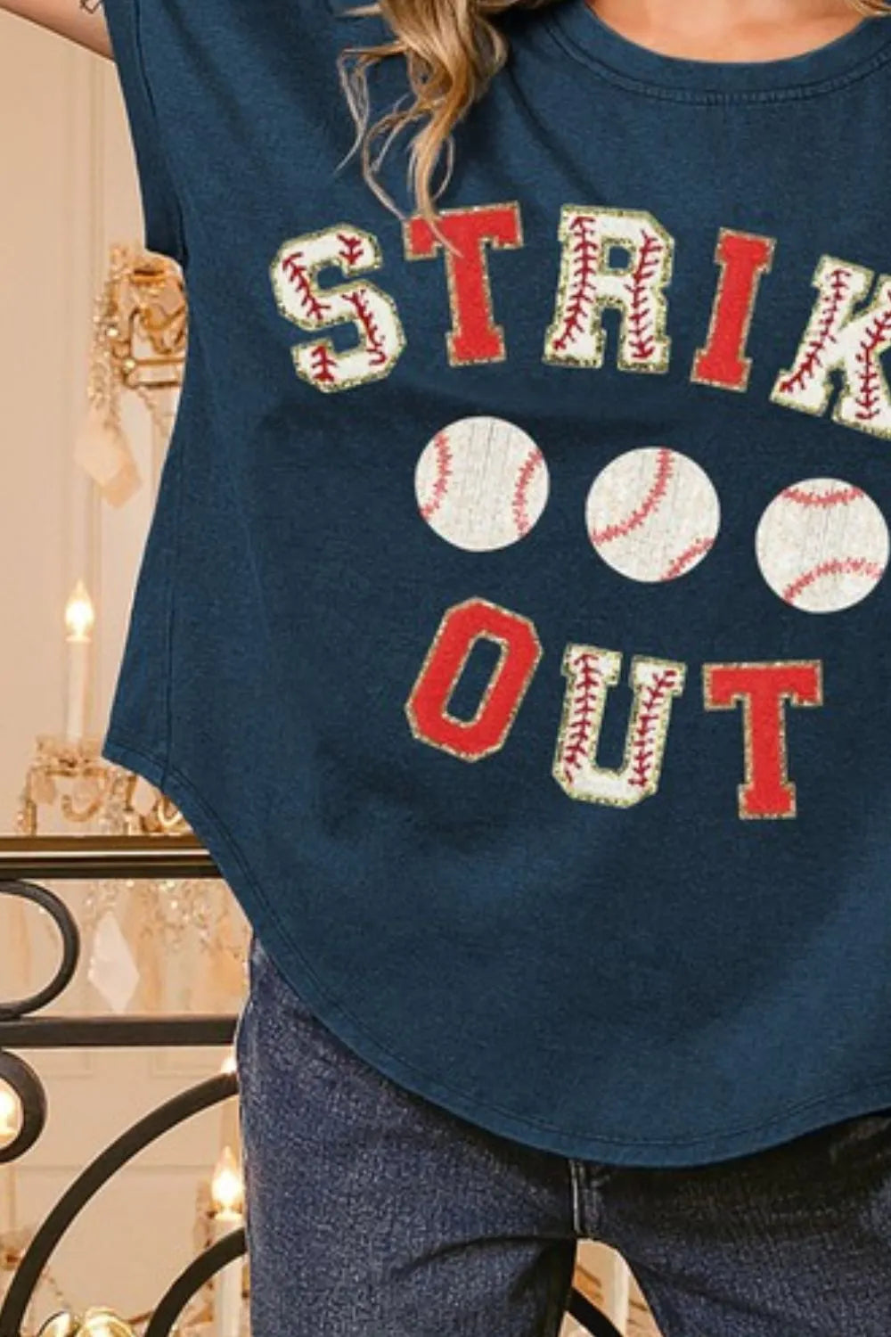 Strike Out Letter Patches Short Sleeve Top