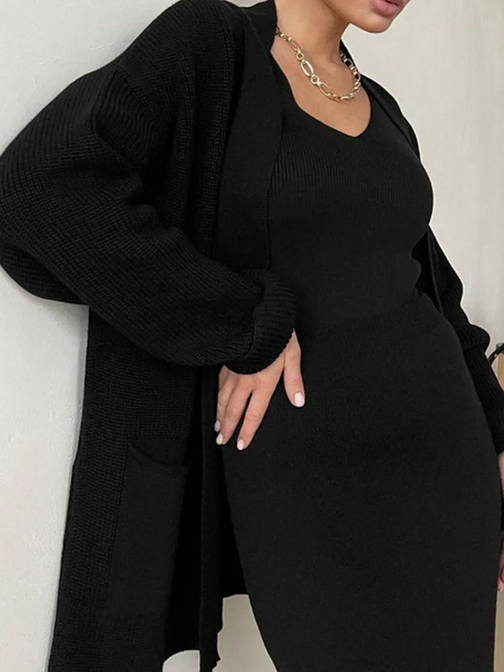 Open Front Cardigan and Midi Skirt Sweater Set