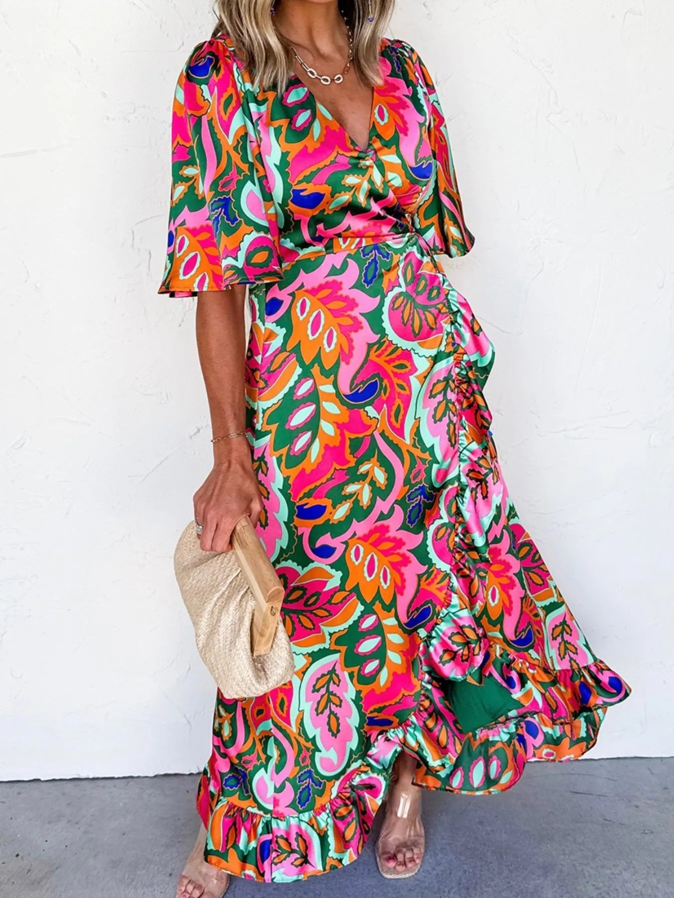 Floral Print Wrap Maxi Dress with Ruffle Details