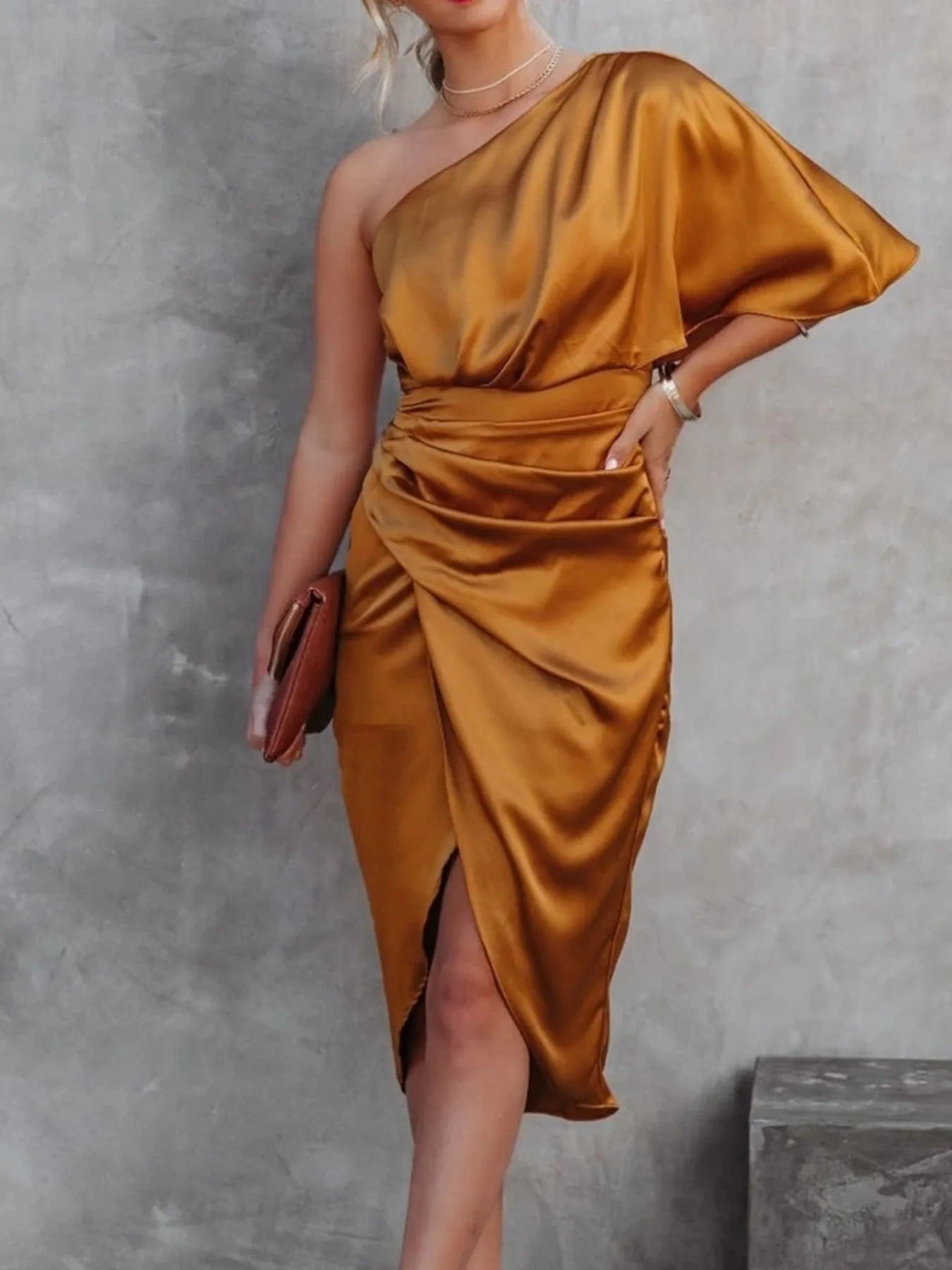 One-Shoulder Satin Wrap Dress