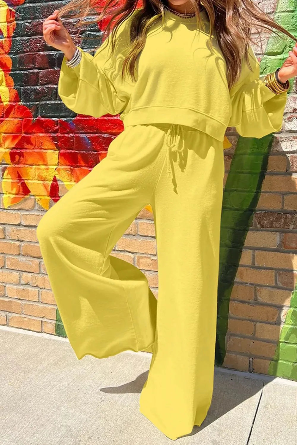 Round Neck Long Sleeve Sweatshirt and Pants Set - Back View
