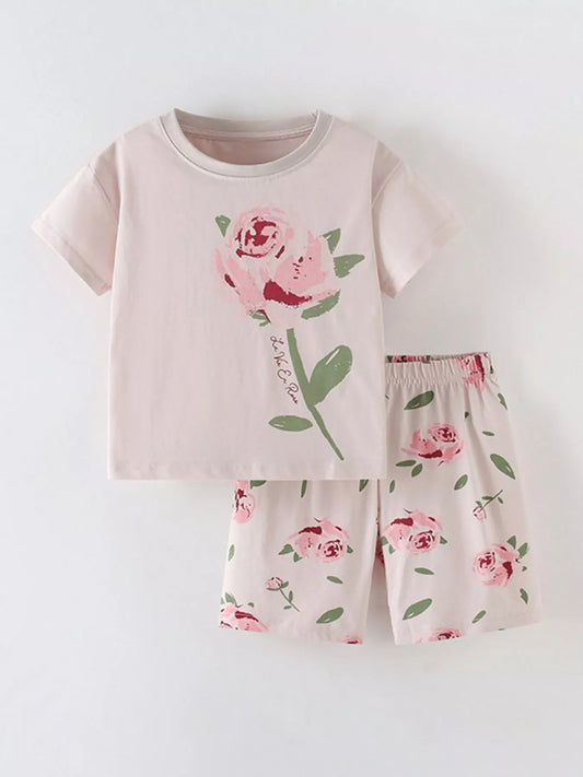 Rose Print Graphic Tee and Shorts Set - Front View