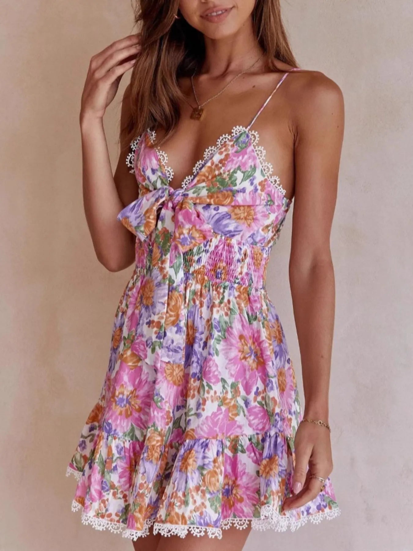Floral Print Tie-Front Mini Dress with Lace Trim