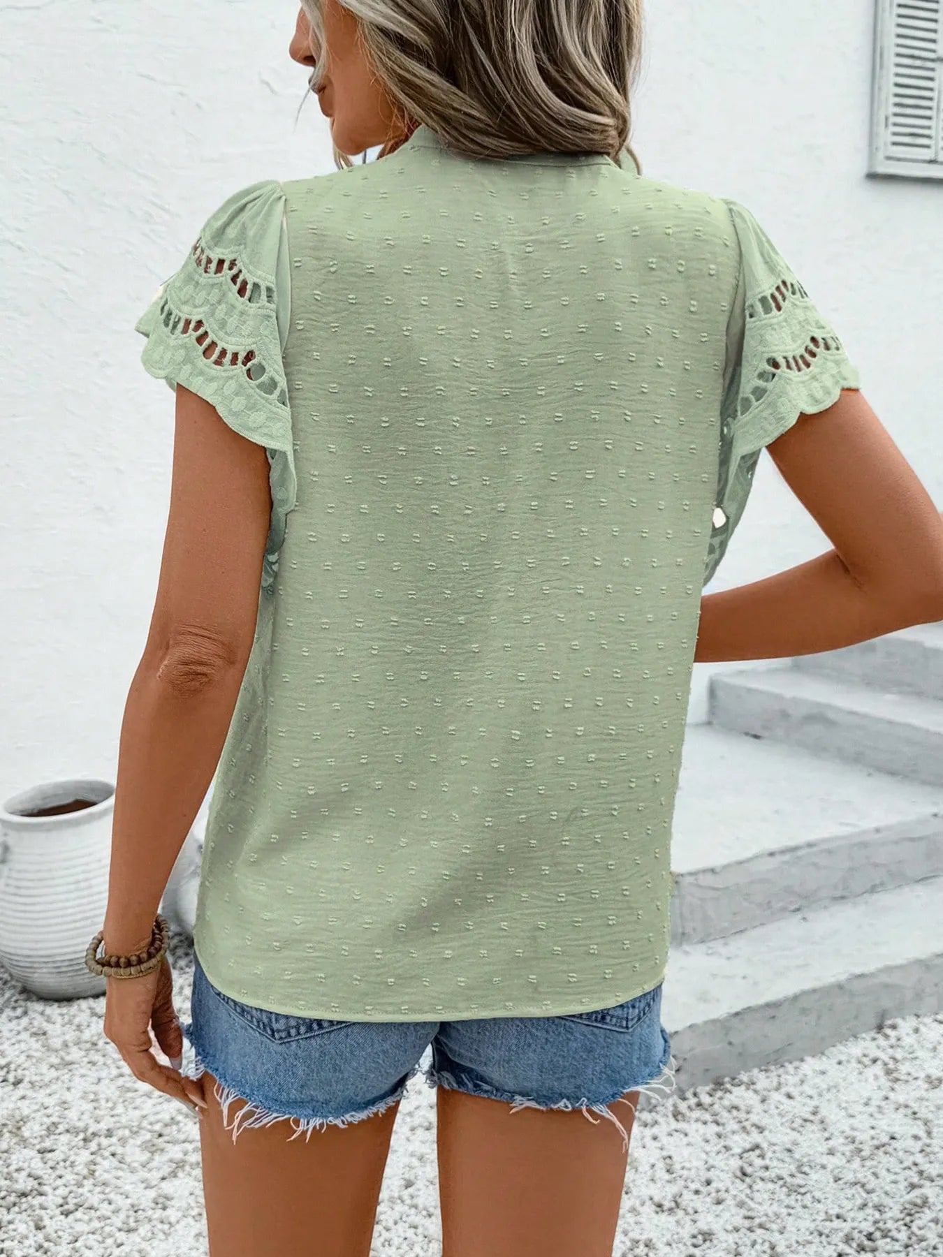 Swiss Dot Cutout Ruffle Blouse