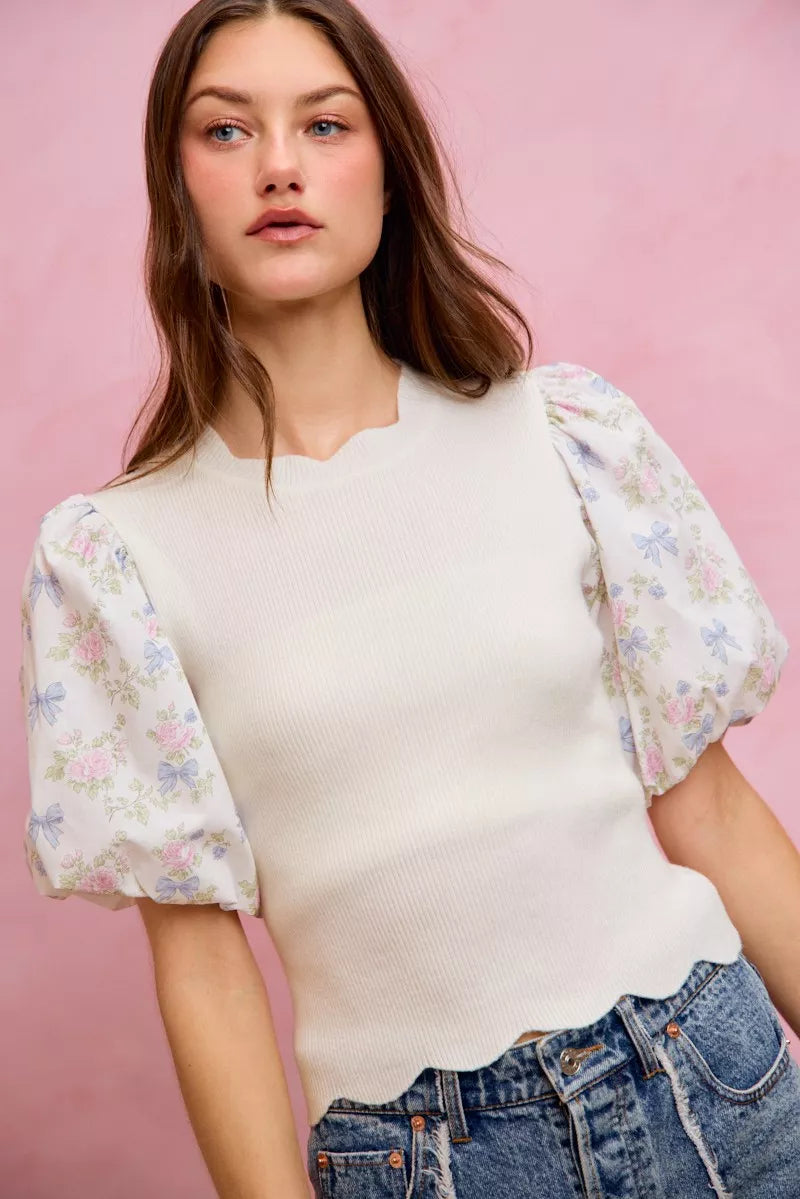 Floral Sleeve Scallop Sweater Top
