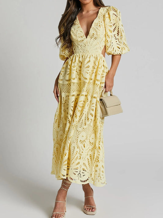 Cutout Back Lace Crochet V-Neck Dress - Front View