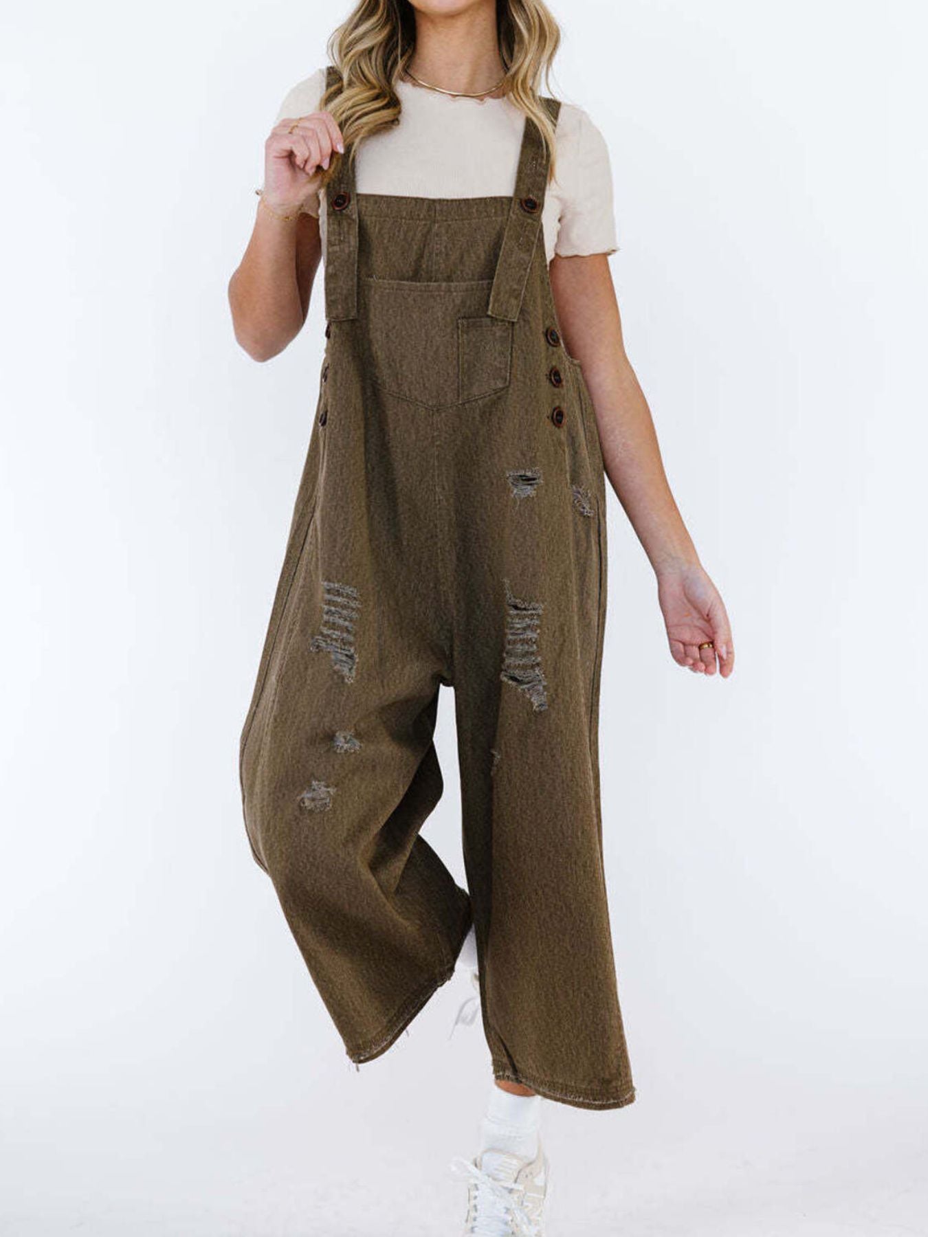 Distressed Wide Leg Denim Overalls - Detail View 11