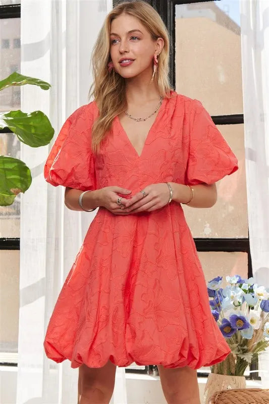 Coral Puff Sleeve Floral Dress