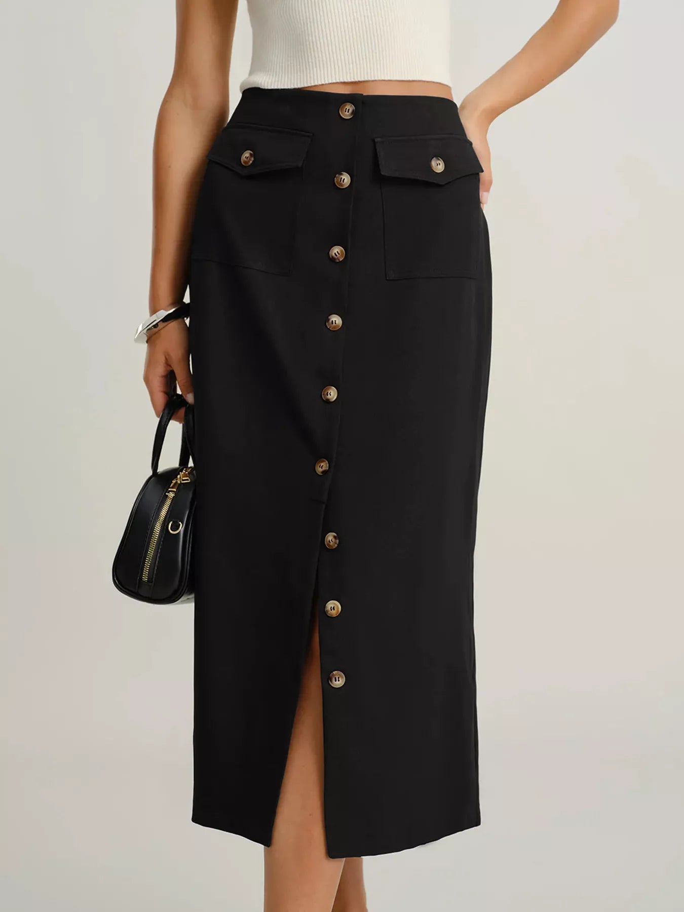 Button-Front Midi Skirt