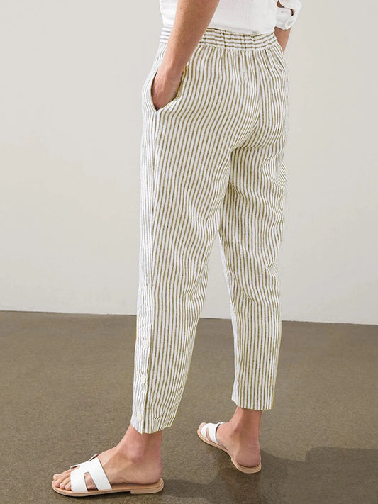 Back view of Madison Striped Button-Hem Pants in olive green, showing elastic waistband and relaxed fit. Ideal for casual summer wear.