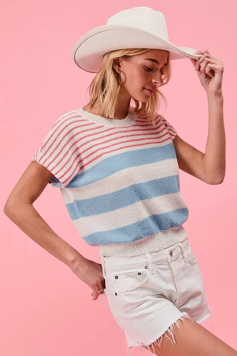 Lightweight Short Sleeve Striped Sweater