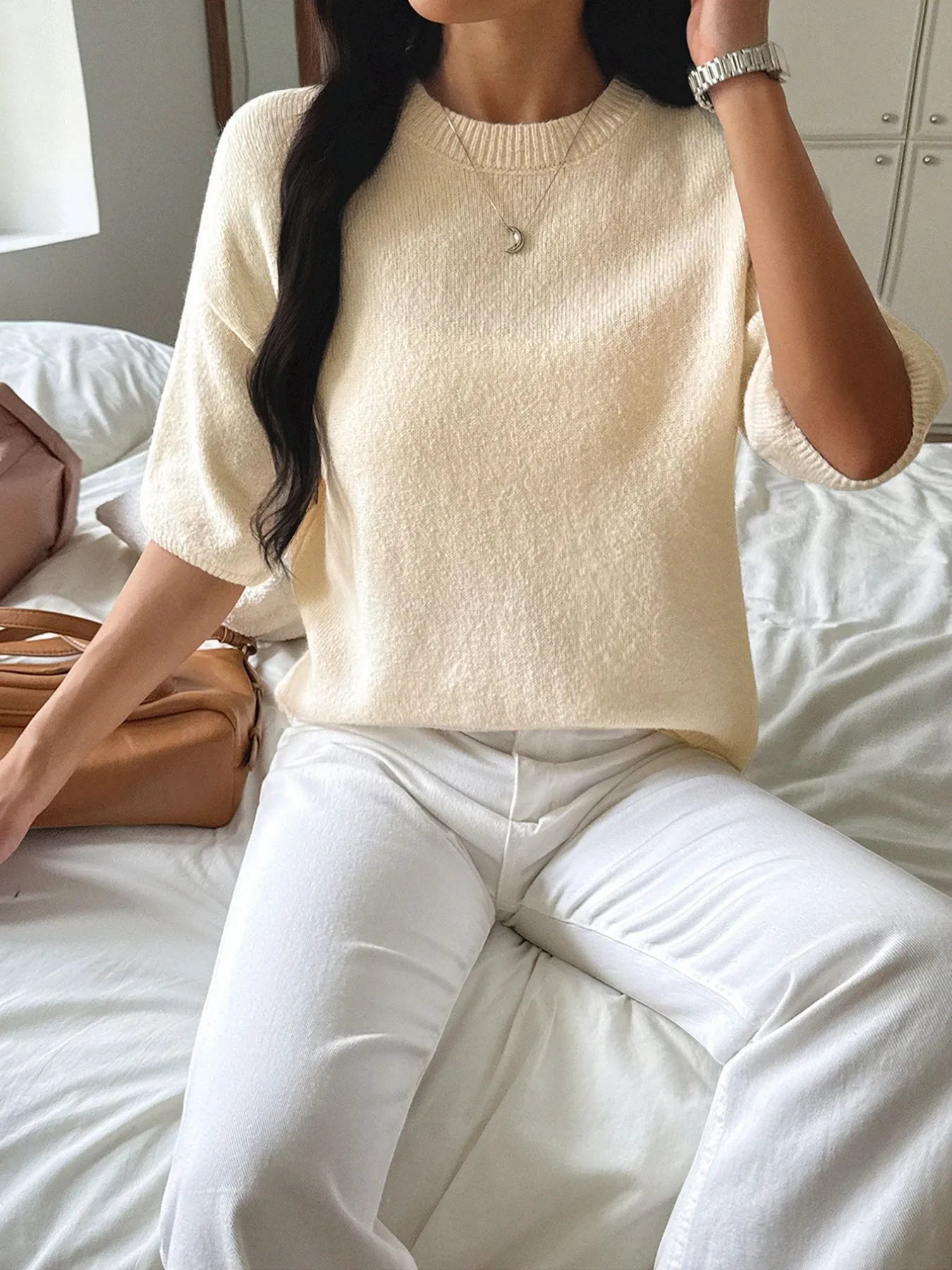Ribbed Hem Round Neck Sweater - Front View