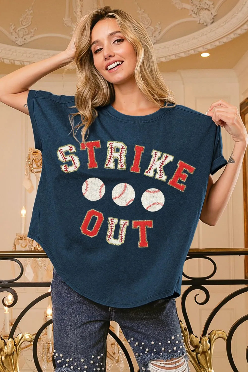 Strike Out Letter Patches Short Sleeve Top