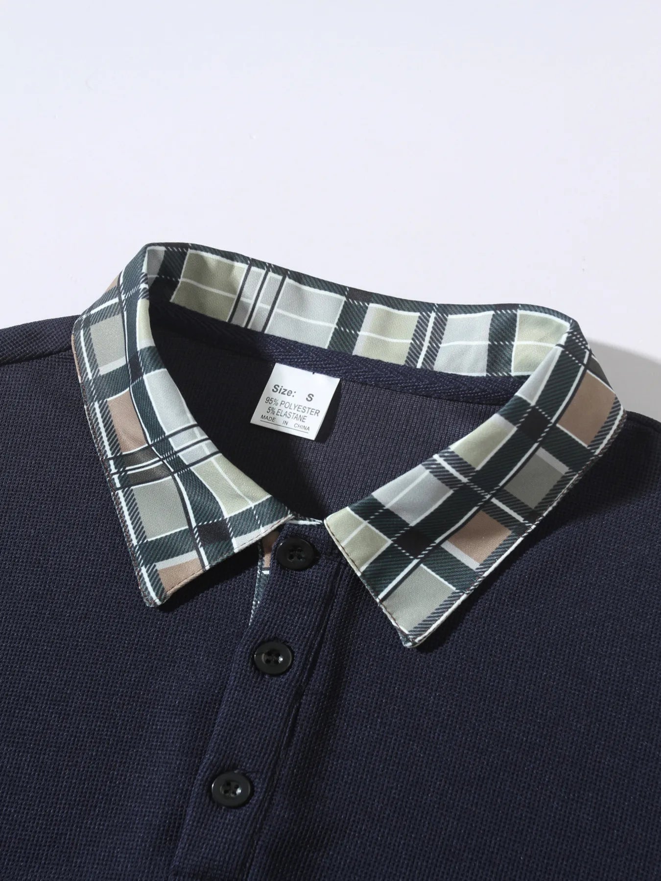 Men's Contrast Plaid Collar Long Sleeve Polo