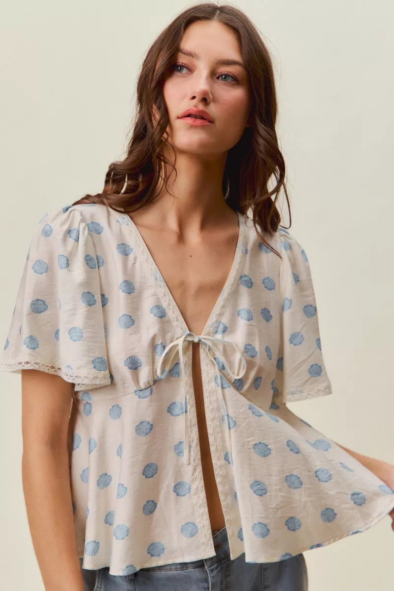 Shell Print Tie-Front Blouse