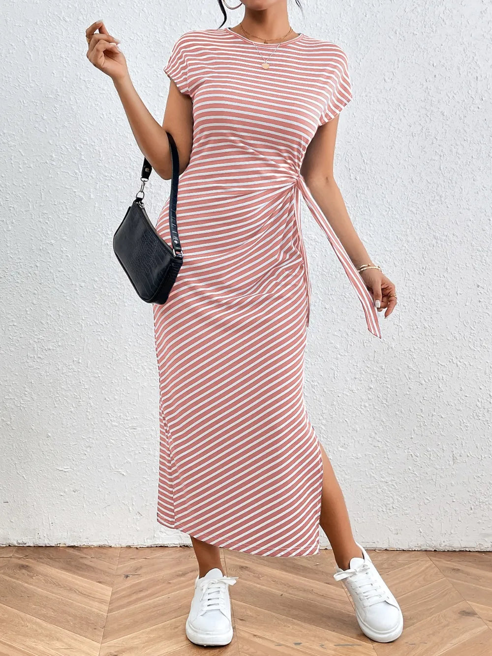 Side Tie Striped T-Shirt Dress