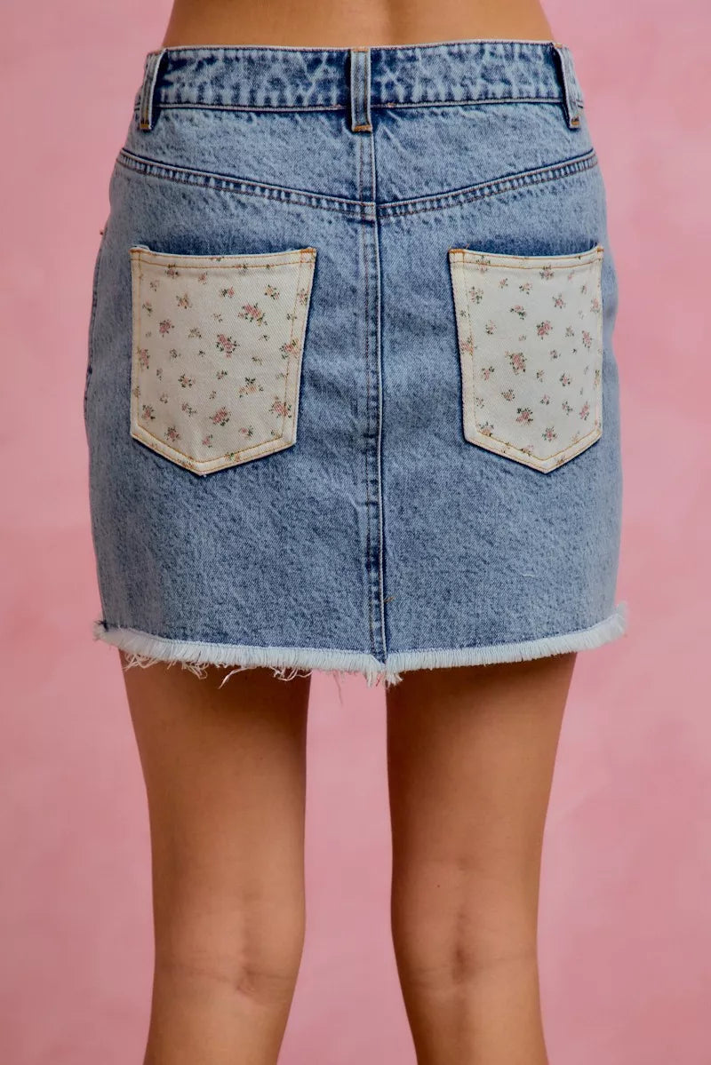 Denim Mini Skirt with Floral Print Pockets