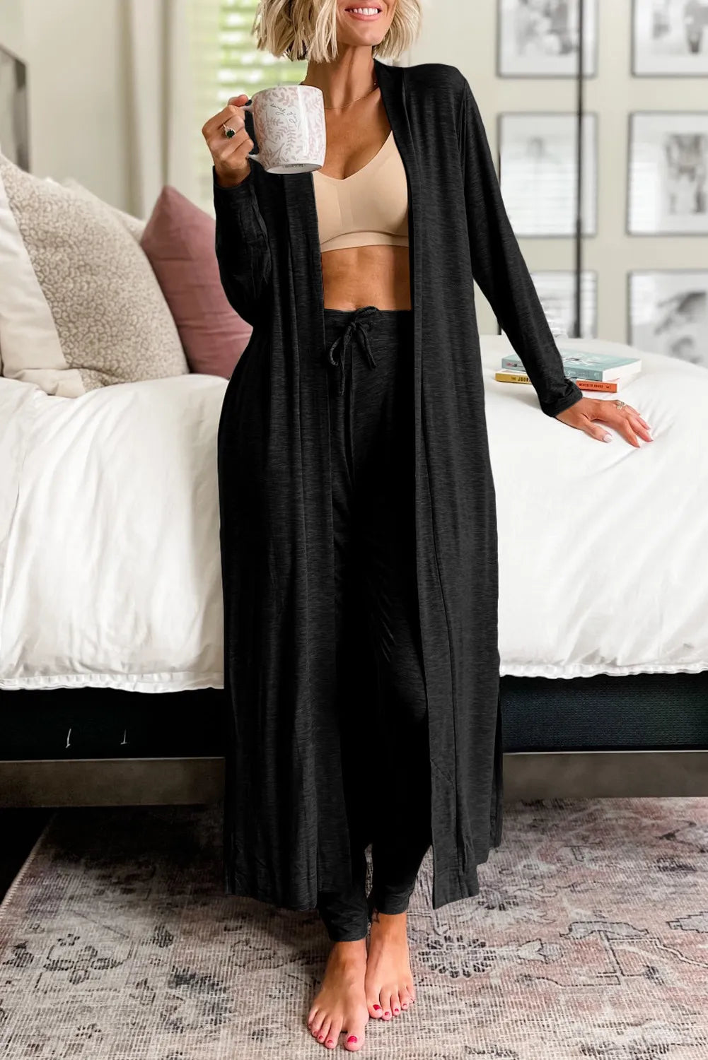 Open Front Cardigan and Pants Lounge Set
