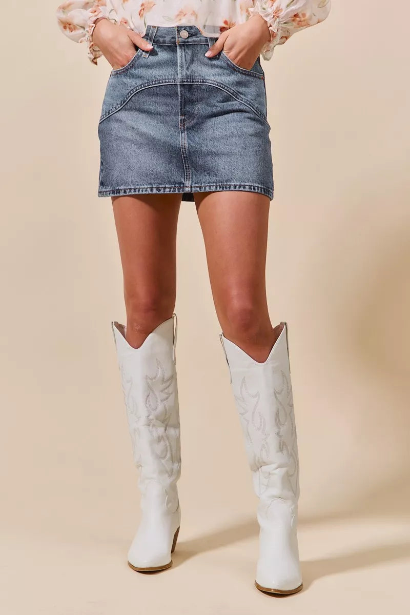 Washed Denim Mini Skirt with Pockets