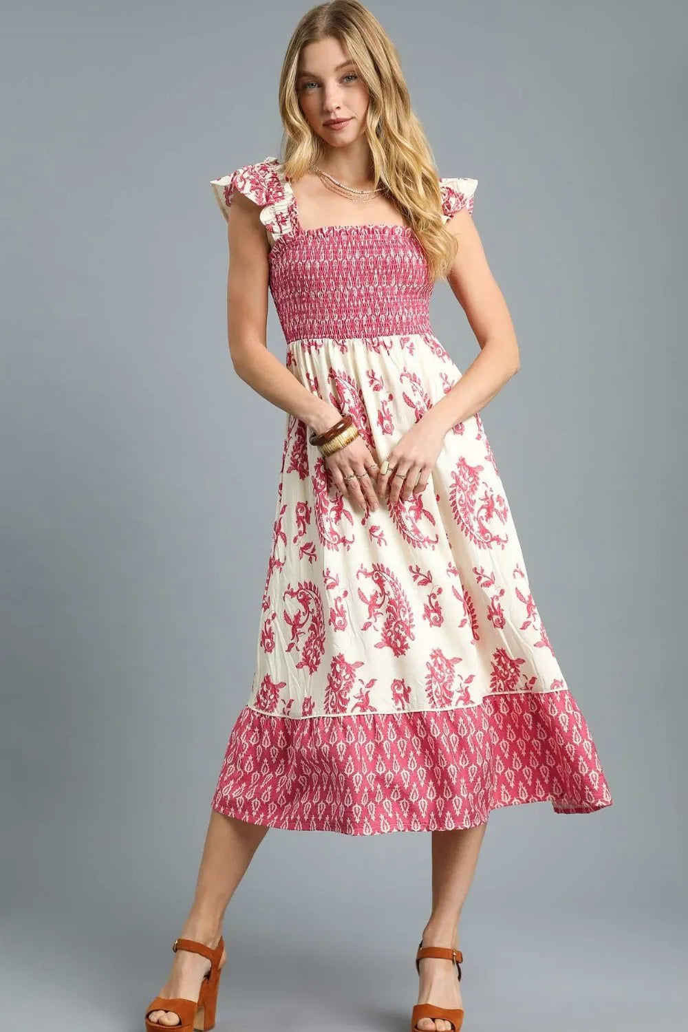 Smocked Midi Dress with Ruffle Details