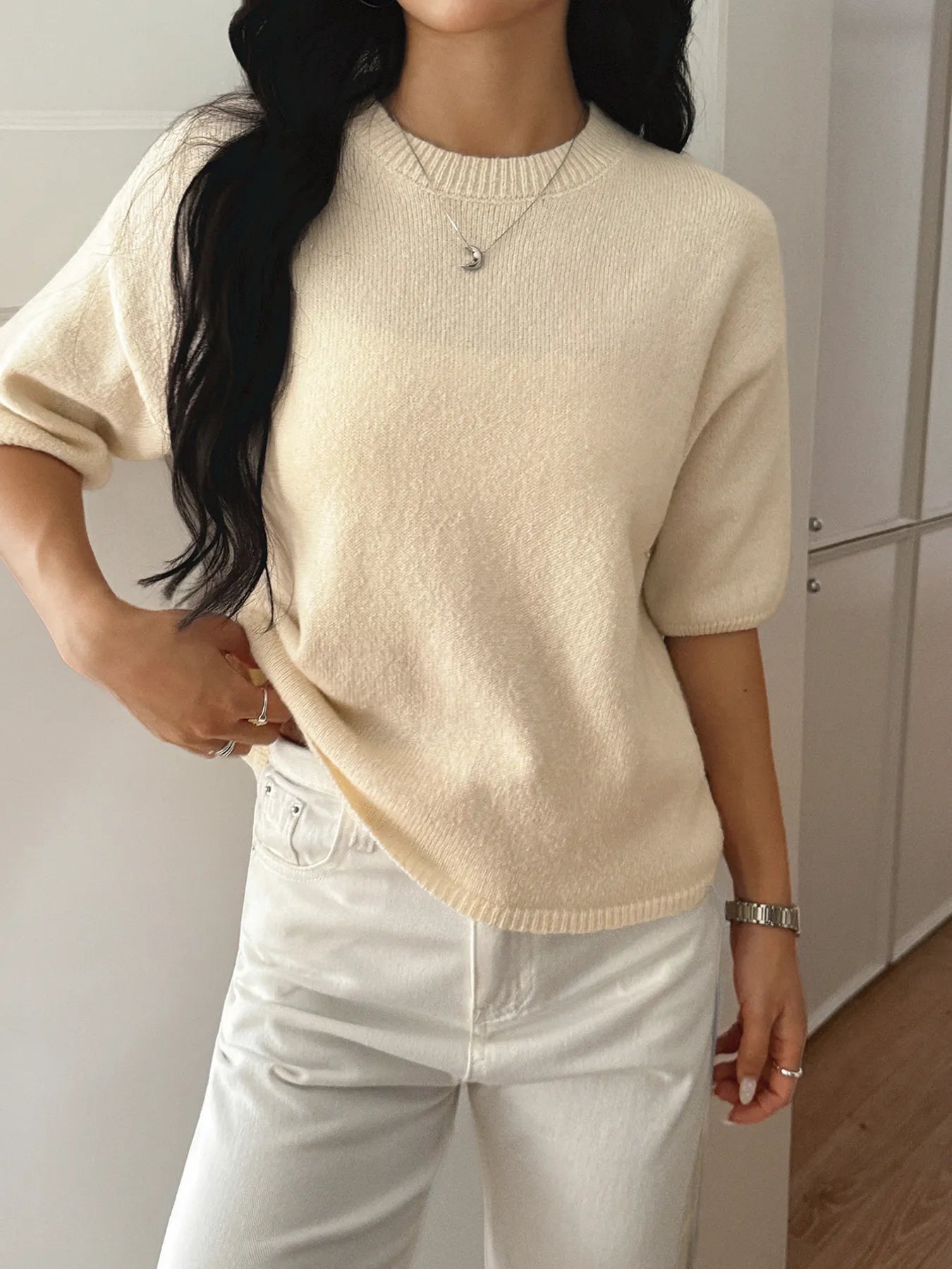 Ribbed Hem Round Neck Sweater - Back View