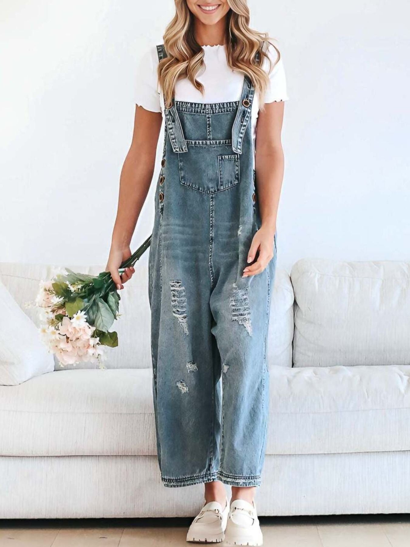 Distressed Wide Leg Denim Overalls - Front View