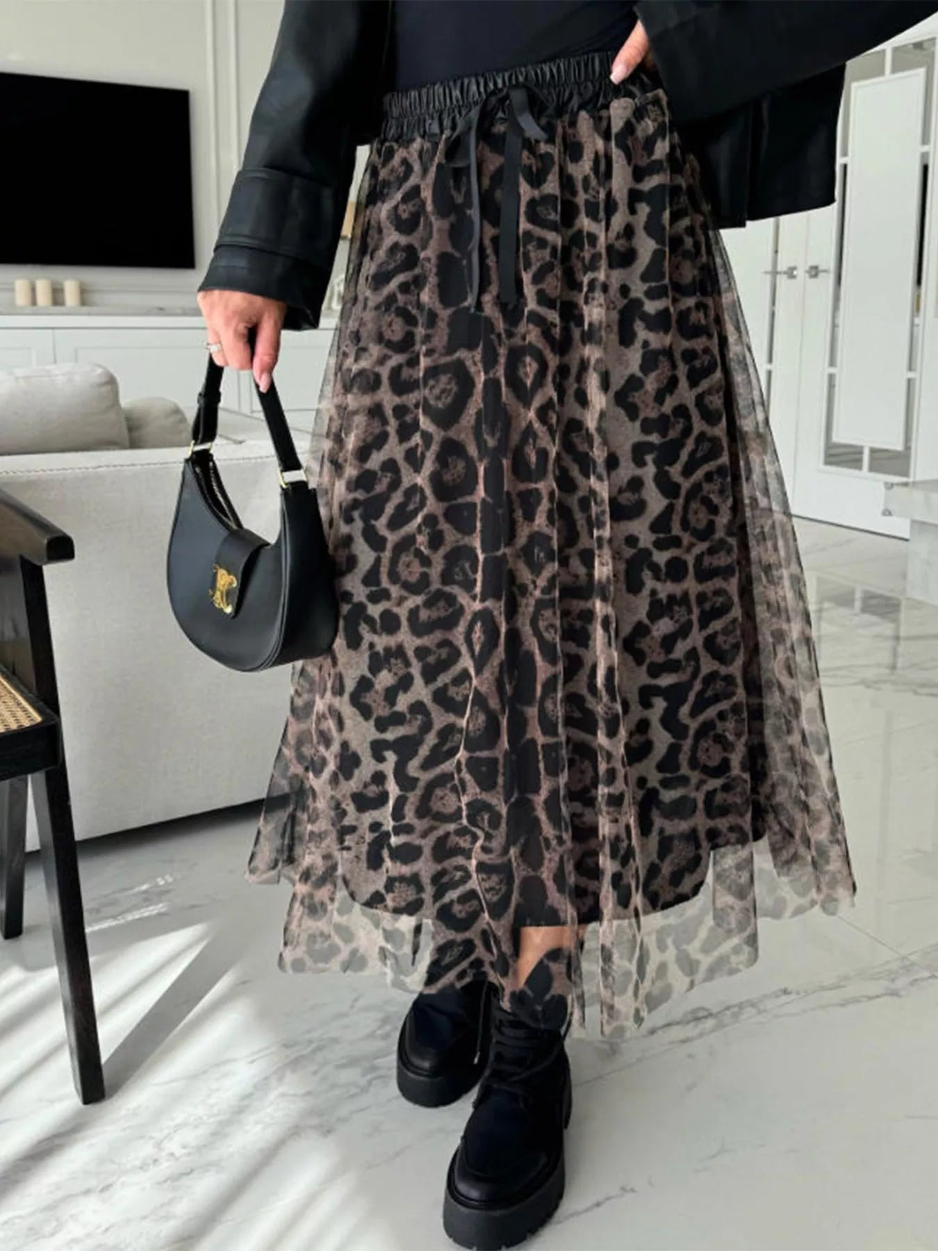 Leopard Print Tulle Midi Skirt
