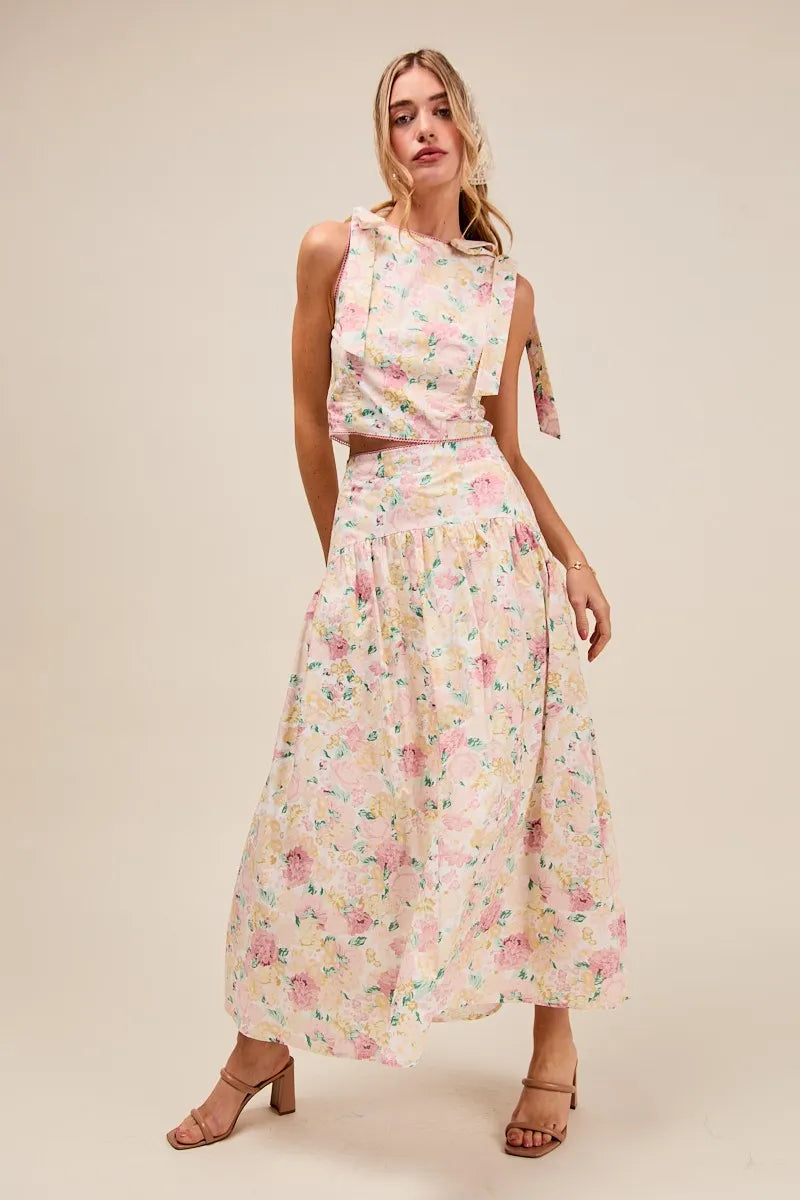 Floral Printed Shoulder Tie Top and Skirt Set