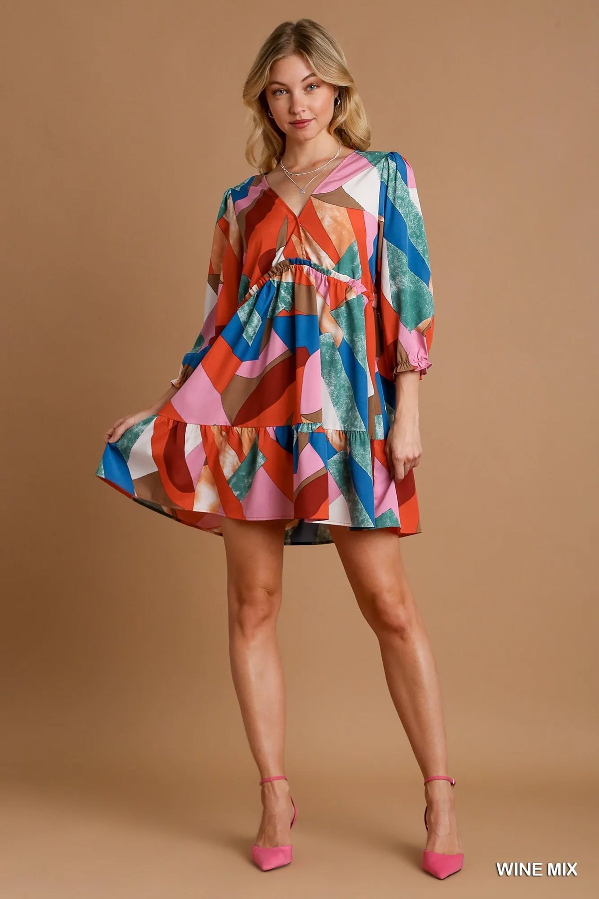 Abstract V-Neck Tiered Printed Dress - Front View